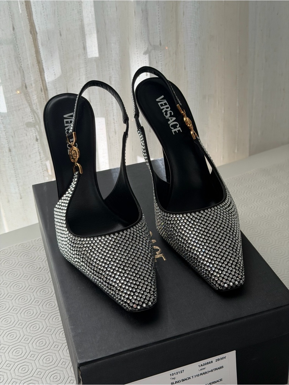 Versace Black Crystal Slingback Heels with Gold Medusa Accent